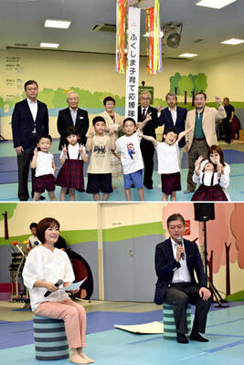 （写真上）くす玉を割ってイベント開始を祝った関係者と子どもたち（写真下）参加者と子育ての悩みを話し合った大橋アナウンサー（左）と菊池院長