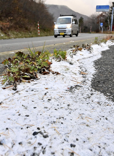 うっすらと雪が積もった国道１１５号＝１９日午前７時ごろ、福島市土湯温泉町