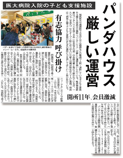 パンダハウスの厳しい運営状況を伝える福島民友新聞の記事（２００８年１２月９日付）。おかげで支援の輪が広がった