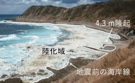 　能登半島地震の影響で、半島北岸沿いの海岸線の隆起や陸地になった面積を説明した画像（東北大などの国際チーム提供）